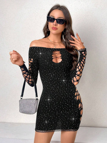 Ladies' One Shoulder Rhinestone Embellished Hollow Out Long Sleeve Bodycon Dress
