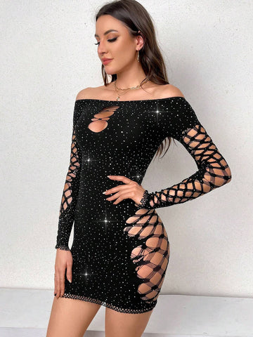 Ladies' One Shoulder Rhinestone Embellished Hollow Out Long Sleeve Bodycon Dress