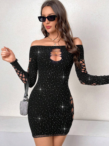 Ladies' One Shoulder Rhinestone Embellished Hollow Out Long Sleeve Bodycon Dress