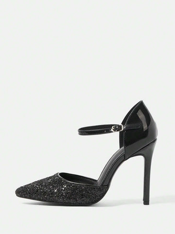 Ladies' Outdoor Fashionable And Simple Black Glittering High-Heeled Shoes With Pointed Toe, Hollow Out And Buckle Design
