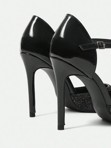 Ladies' Outdoor Fashionable And Simple Black Glittering High-Heeled Shoes With Pointed Toe, Hollow Out And Buckle Design