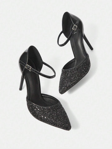 Ladies' Outdoor Fashionable And Simple Black Glittering High-Heeled Shoes With Pointed Toe, Hollow Out And Buckle Design