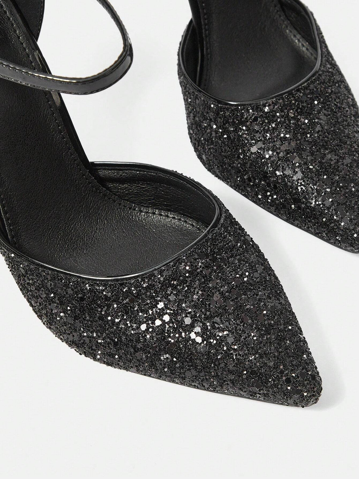 Ladies' Outdoor Fashionable And Simple Black Glittering High-Heeled Shoes With Pointed Toe, Hollow Out And Buckle Design