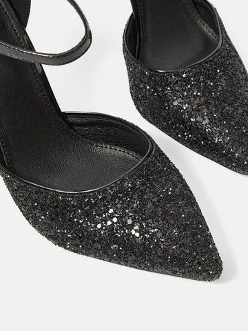 Ladies' Outdoor Fashionable And Simple Black Glittering High-Heeled Shoes With Pointed Toe, Hollow Out And Buckle Design