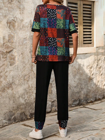 Ladies' Patchwork Printed Short Sleeve Top And Pants Two Piece Set