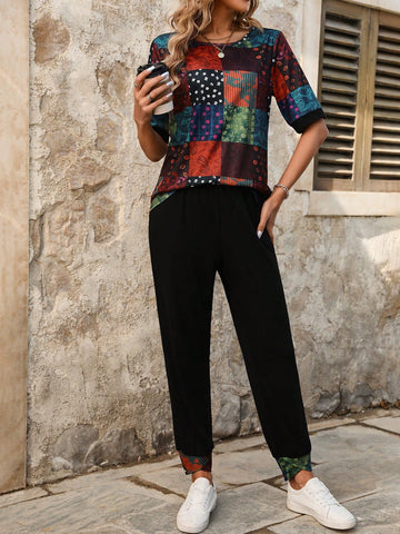Ladies' Patchwork Printed Short Sleeve Top And Pants Two Piece Set