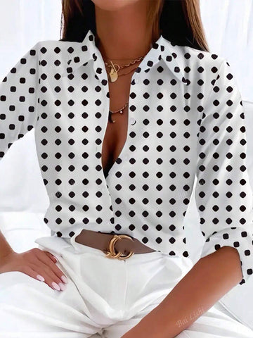 Ladies' Polka Dot Printed Button Up Shirt, Casual And Fashionable Long Sleeved Lapel Shirt Suitable For Spring, Summer And Autumn