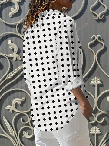 Ladies' Polka Dot Printed Button Up Shirt, Casual And Fashionable Long Sleeved Lapel Shirt Suitable For Spring, Summer And Autumn
