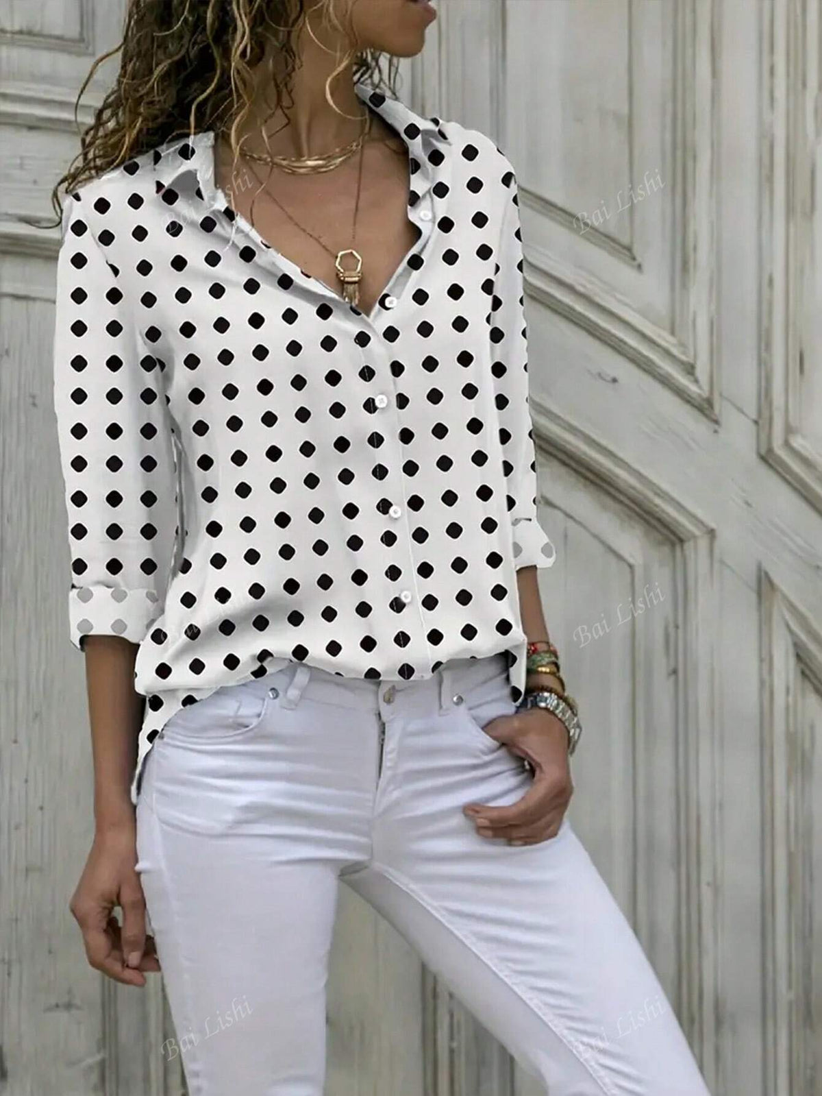 Ladies' Polka Dot Printed Button Up Shirt, Casual And Fashionable Long Sleeved Lapel Shirt Suitable For Spring, Summer And Autumn