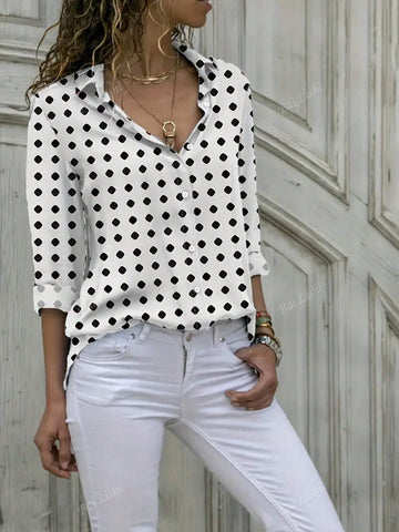 Ladies' Polka Dot Printed Button Up Shirt, Casual And Fashionable Long Sleeved Lapel Shirt Suitable For Spring, Summer And Autumn