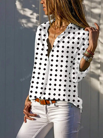 Ladies' Polka Dot Printed Button Up Shirt, Casual And Fashionable Long Sleeved Lapel Shirt Suitable For Spring, Summer And Autumn