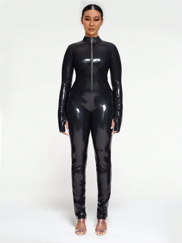 Ladies' Pu Leather Skinny Jumpsuit