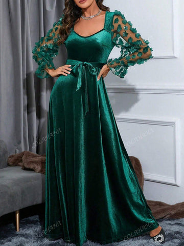 Ladies Satin Applique Sleeve And Waist Belt Decorated Dress