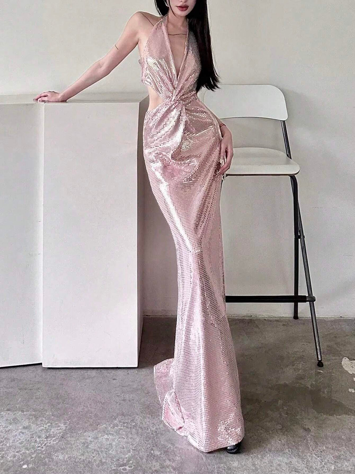 Ladies Sexy Backless Dress With Hollow Out Waist, Twist Knot, Fish-Tail Hem And Sequins Embellished