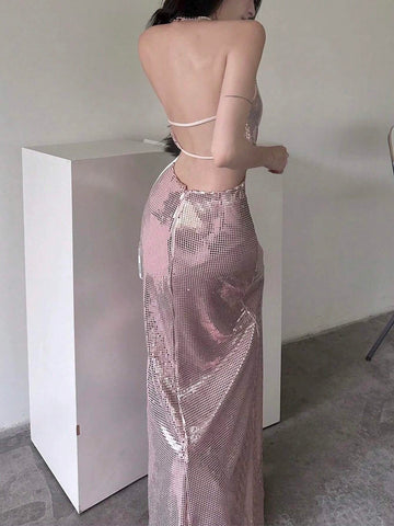 Ladies Sexy Backless Dress With Hollow Out Waist, Twist Knot, Fish-Tail Hem And Sequins Embellished