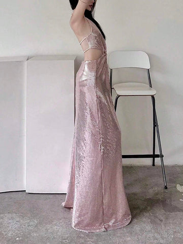 Ladies Sexy Backless Dress With Hollow Out Waist, Twist Knot, Fish-Tail Hem And Sequins Embellished