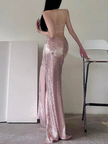 Ladies Sexy Backless Dress With Hollow Out Waist, Twist Knot, Fish-Tail Hem And Sequins Embellished