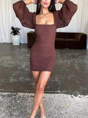 Ladies Sexy Chic Brown Mini Dress For Early Autumn