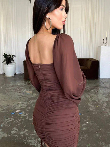Ladies Sexy Chic Brown Mini Dress For Early Autumn