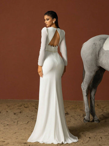 Ladies' Simple Deep V Puff Long Sleeve French Style Lightweight Wedding Dress