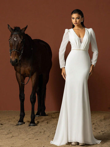 Ladies' Simple Deep V Puff Long Sleeve French Style Lightweight Wedding Dress