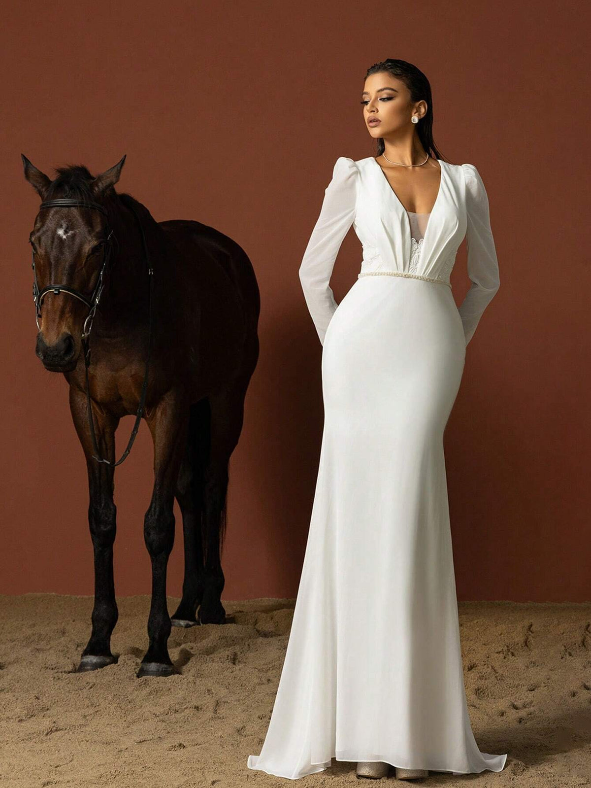 Ladies' Simple Deep V Puff Long Sleeve French Style Lightweight Wedding Dress