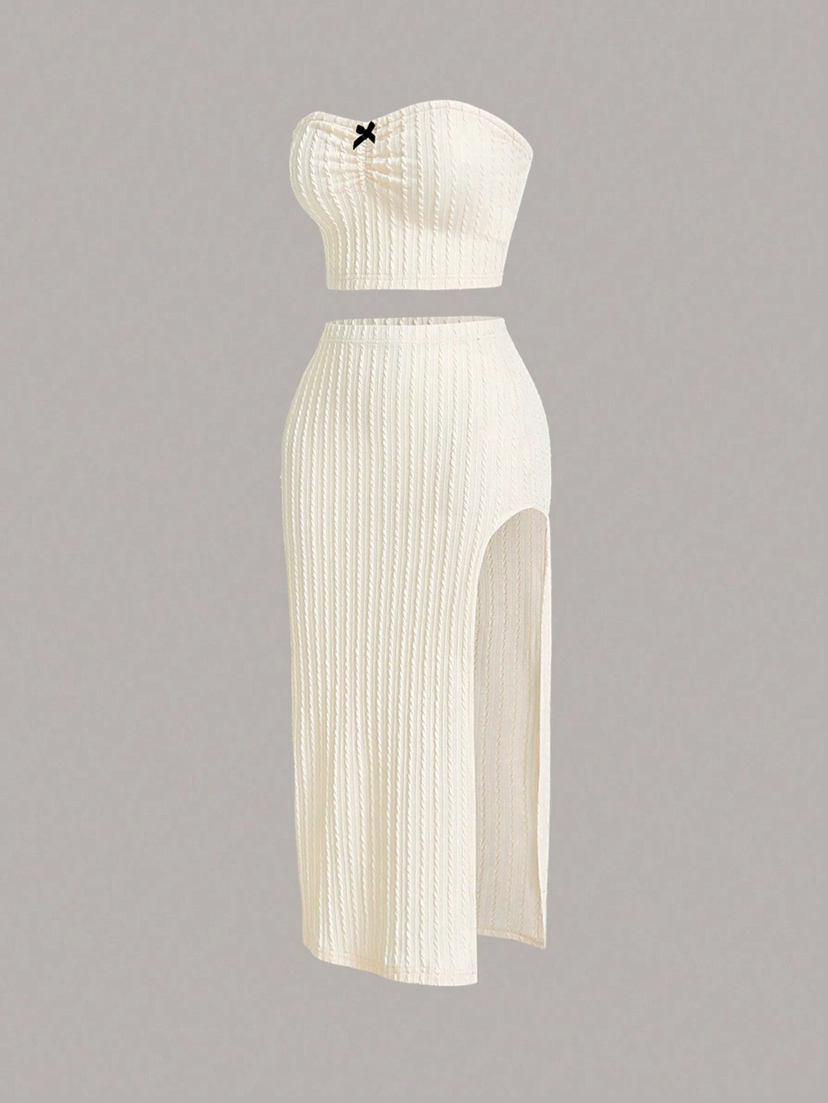 Ladies' Simple Solid Color Strapless Top And Side Slit Straight Skirt 2pcs Set