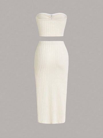 Ladies' Simple Solid Color Strapless Top And Side Slit Straight Skirt 2pcs Set