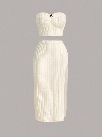 Ladies' Simple Solid Color Strapless Top And Side Slit Straight Skirt 2pcs Set