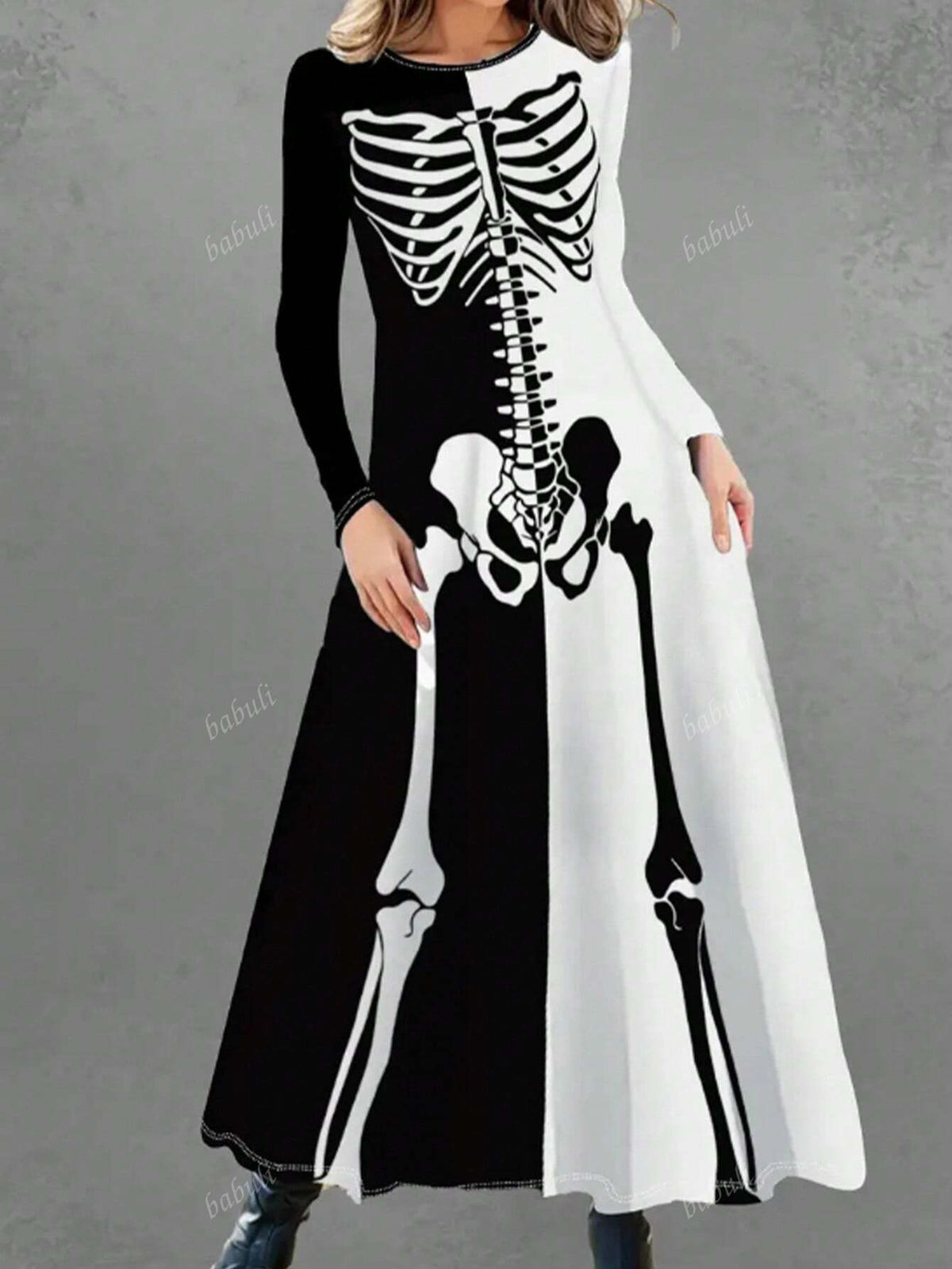 Ladies Skeleton Print Long Sleeve Casual Patchwork Color Block Dress