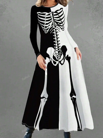 Ladies Skeleton Print Long Sleeve Casual Patchwork Color Block Dress