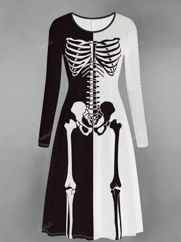 Ladies Skeleton Print Long Sleeve Casual Patchwork Color Block Dress