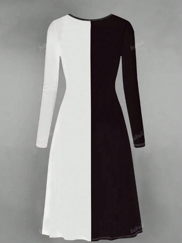 Ladies Skeleton Print Long Sleeve Casual Patchwork Color Block Dress