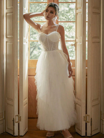 Ladies' Solid-Colored Simple Daily/ Wedding Tulle Skirt With Ruffled Hem