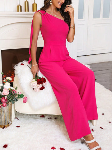 Ladies' Solid Color Asymmetrical Collar Jumpsuit