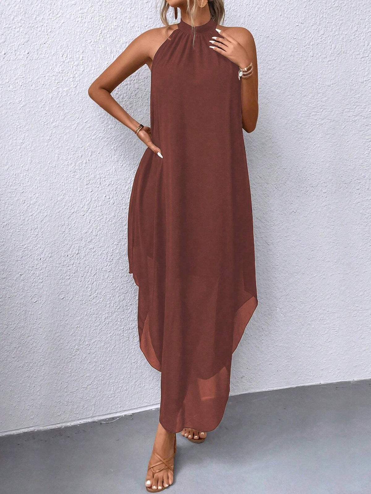 Ladies' Solid Color Asymmetrical Hem Halter Sleeveless Summer Dress