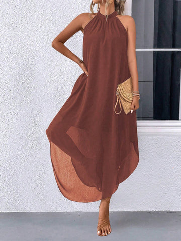 Ladies' Solid Color Asymmetrical Hem Halter Sleeveless Summer Dress