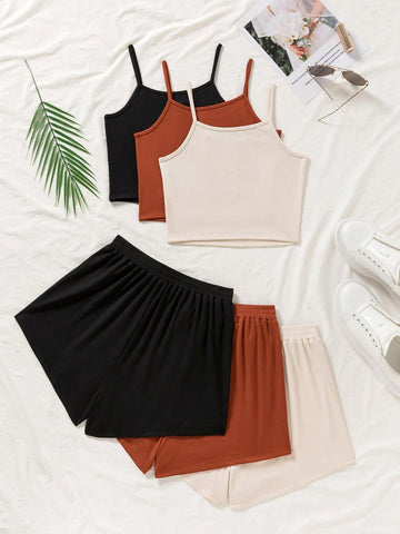 Ladies' Solid Color Cami Top And Shorts Set