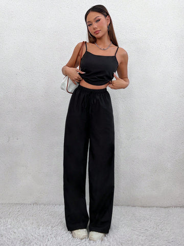 Ladies' Solid Color Camisole And Wide Leg Pants Set