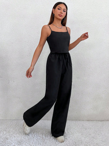 Ladies' Solid Color Camisole And Wide Leg Pants Set