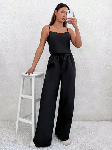 Ladies' Solid Color Camisole And Wide Leg Pants Set