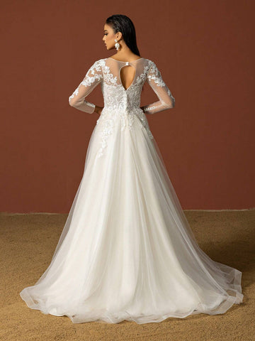 Ladies' Solid Color Daily Life Lace Decorated Tulle Wedding Dress