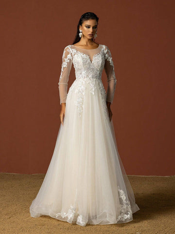 Ladies' Solid Color Daily Life Lace Decorated Tulle Wedding Dress