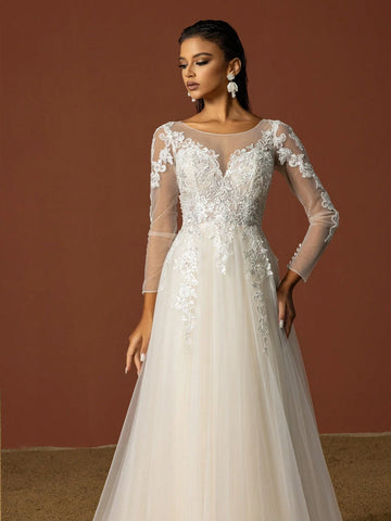 Ladies' Solid Color Daily Life Lace Decorated Tulle Wedding Dress