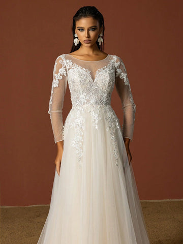 Ladies' Solid Color Daily Life Lace Decorated Tulle Wedding Dress