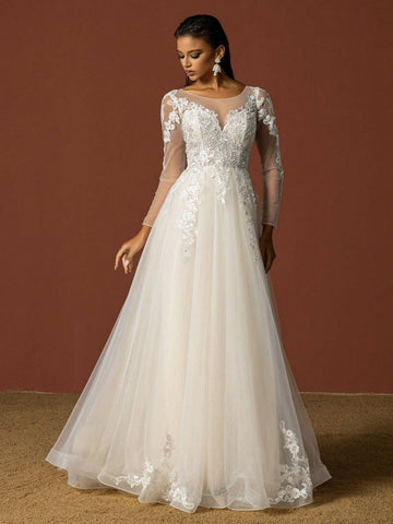 Ladies' Solid Color Daily Life Lace Decorated Tulle Wedding Dress