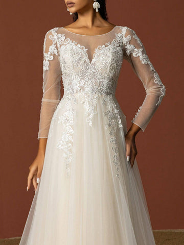 Ladies' Solid Color Daily Life Lace Decorated Tulle Wedding Dress