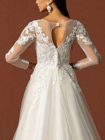 Ladies' Solid Color Daily Life Lace Decorated Tulle Wedding Dress