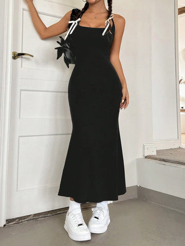 Ladies' Solid Color Fish Tail Halter Neck Belted Dress