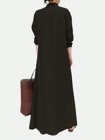 Ladies' Solid Color Front Button Long Shirt Dress For Holiday & Leisure